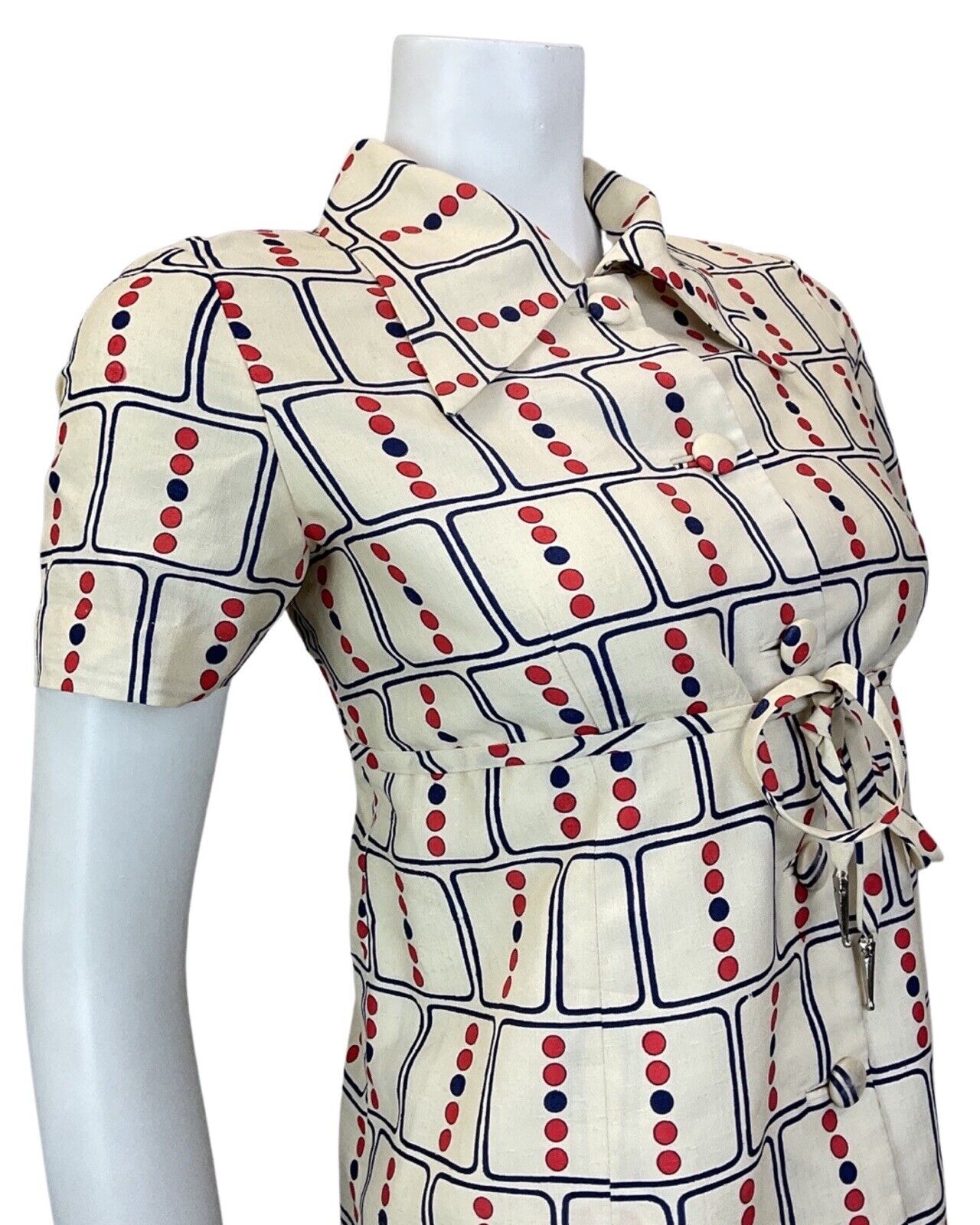 VINTAGE 60s 70s CREAM BLUE RED GEOMETRIC DOTTY DAGGER COLLAR MOD SHIRT DRESS 12
