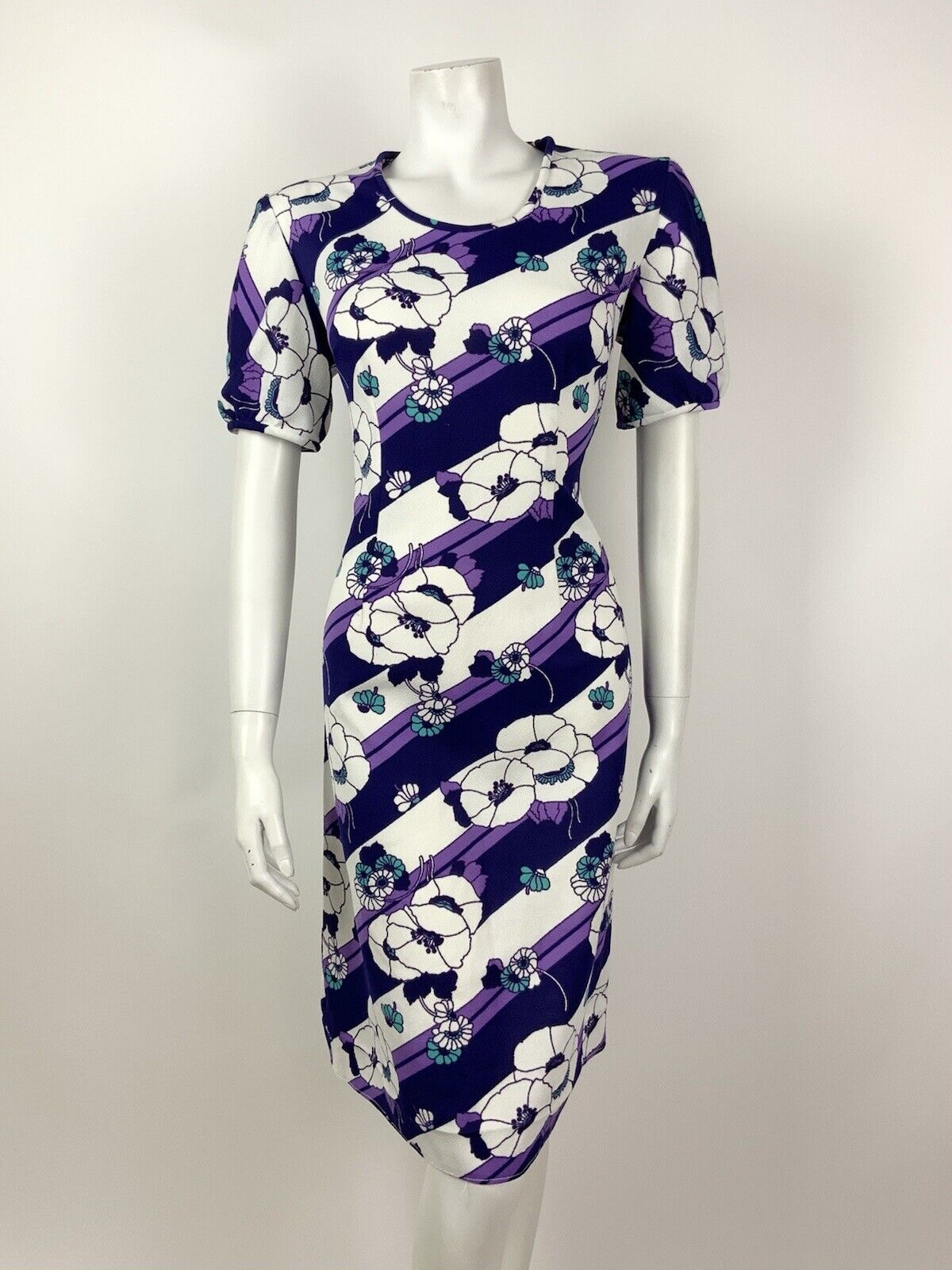 VINTAGE 60s 70s PURPLE WHITE TURQUOISE STRIPED FLORAL MOD DRESS 14 16