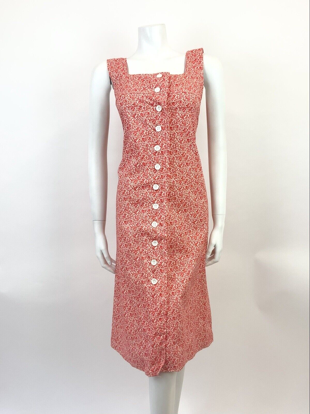 VTG 60s 70s RED WHITE FLORAL DITSY MOD BOHO PINAFORE SLEEVELESS SHIFT DRESS 8