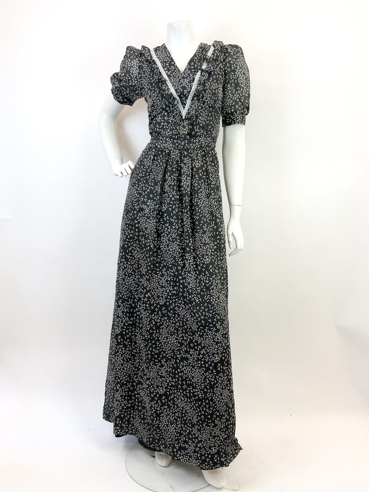 VINTAGE 60s 70s BLACK WHITE DITSY PUFF SLEEVE BOHO PRAIRIE SHEER MAXI DRESS 6 8