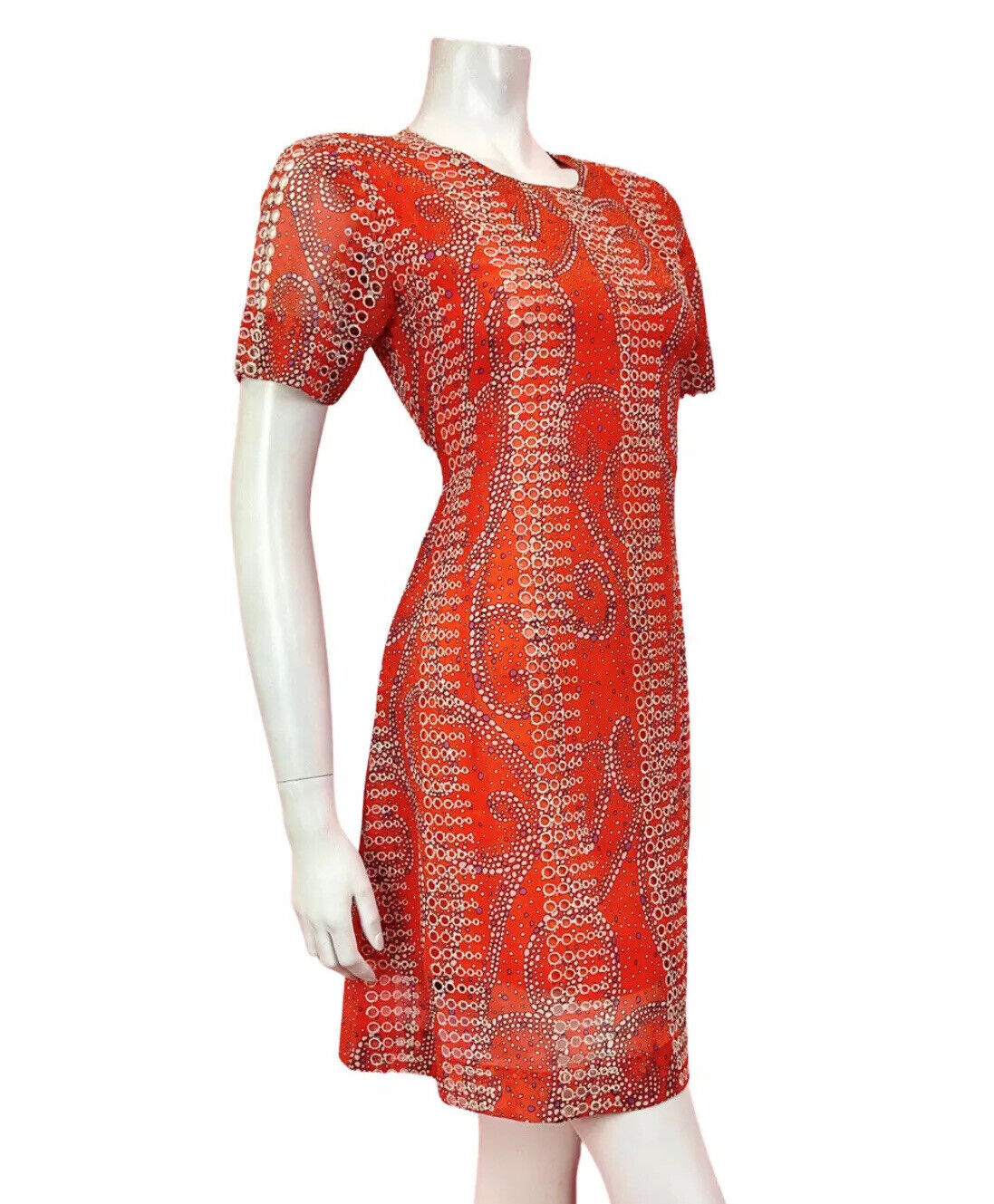 VINTAGE 60s 70s ORANGE WHITE PURPLE CUT-OUT SWIRL DOTTY MOD SHORT DRESS 8 10