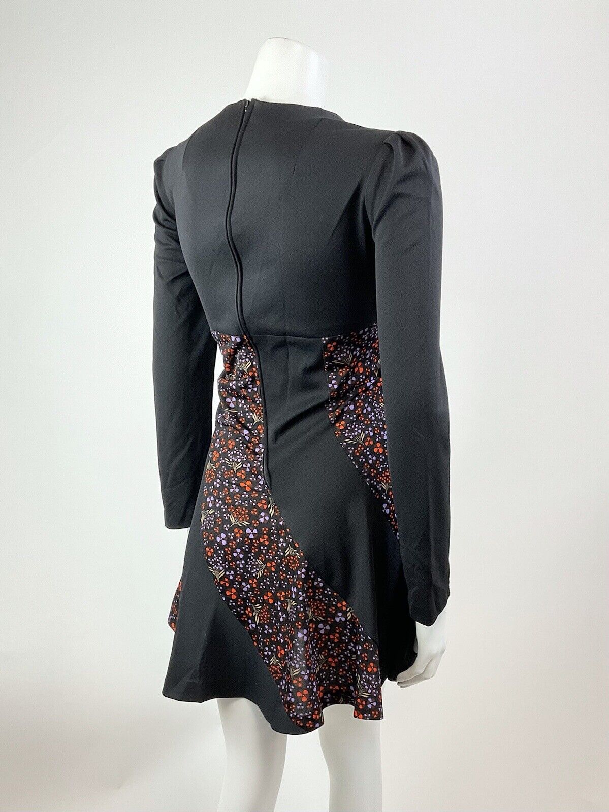 VINTAGE 60s 70s BLACK ORANGE PURPLE FLORAL EMBROIDERED MOD SKATER DRESS 10 12