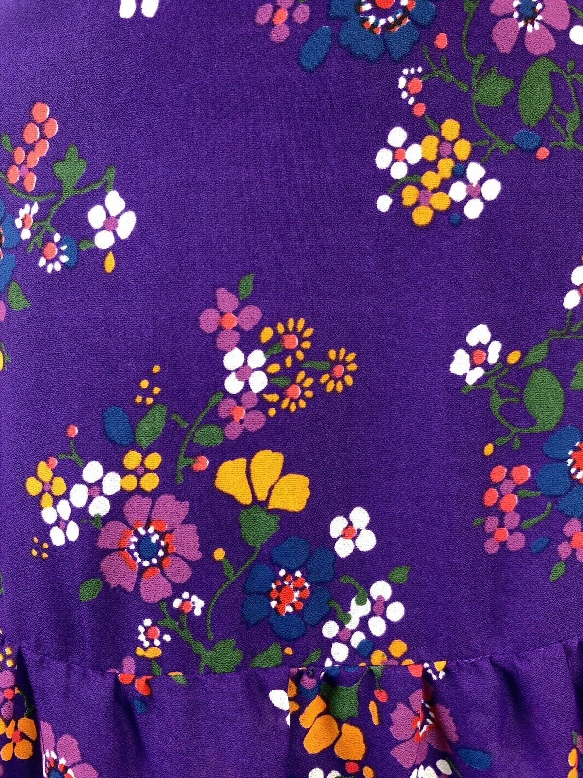 VTG 60s 70s PURPLE WHITE ORANGE GREEN FLORAL MOD SLEEVELESS RUFFLE DRESS 8 10