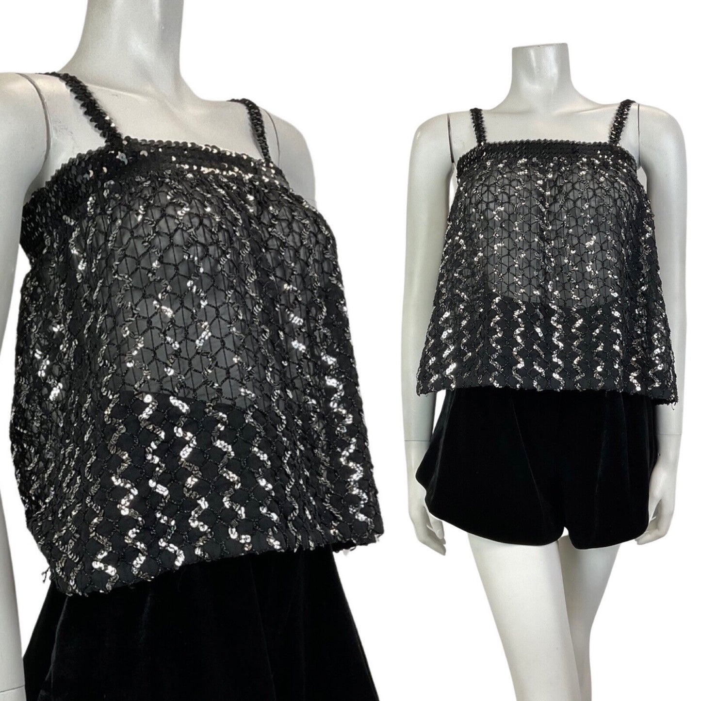 VINTAGE 70s 80s BLACK SILVER ZIG-ZAG SEQUIN STRAPPY DISCO STUDIO 54 TOP 8 10
