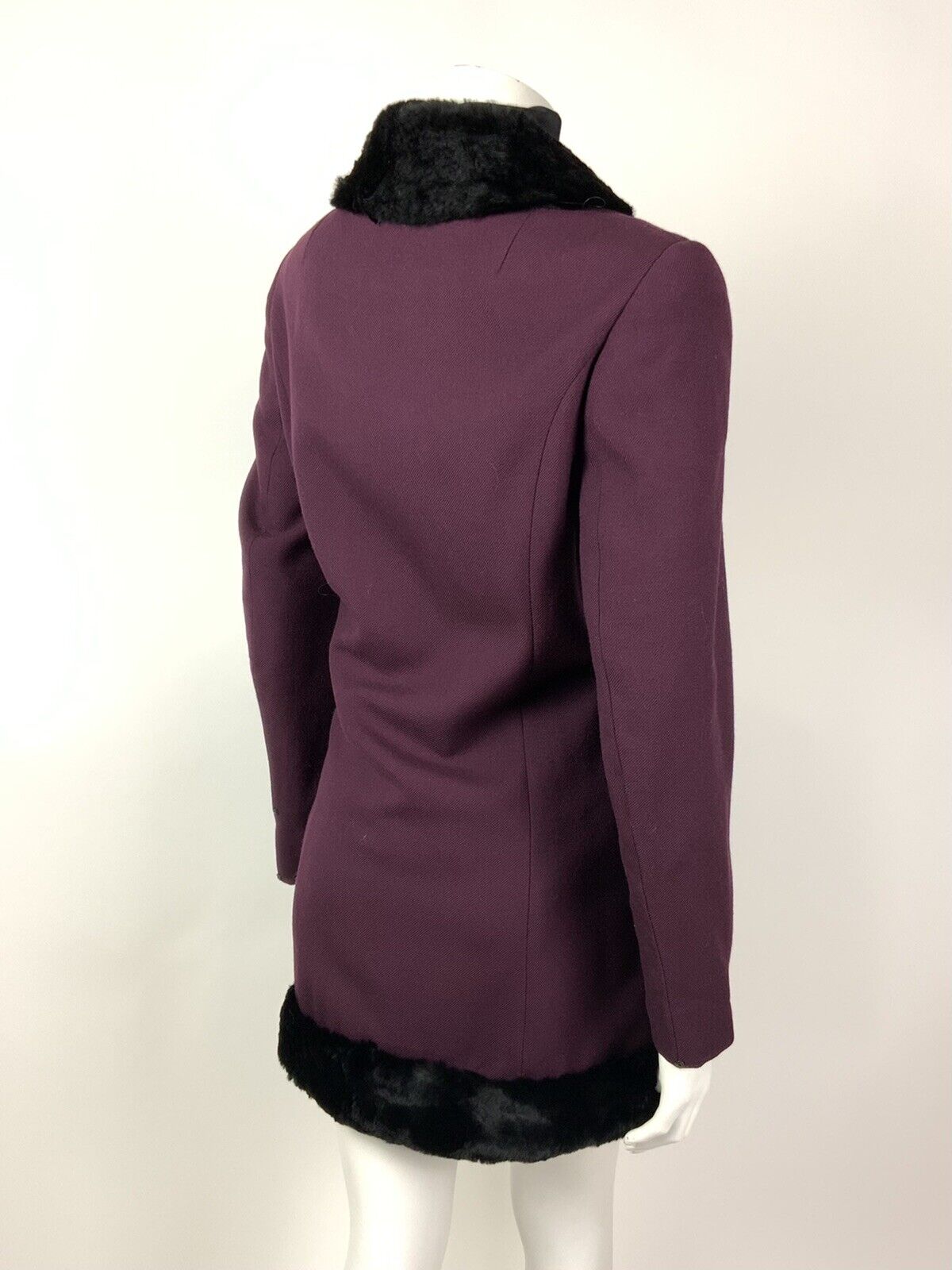 VTG 60s 70s PLUM PURPLE BLACK FUR TRIM PRINCESS MOD WOOL SHORT COAT 12 14