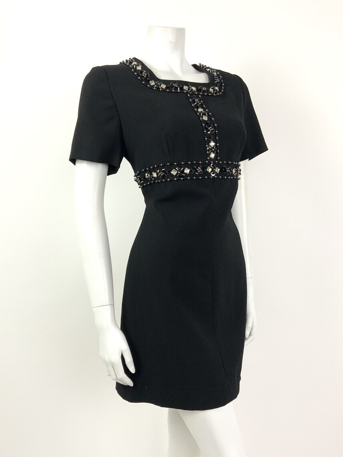 VINTAGE 60s BLACK SILVER BEADED DIAMANTE PARTY GLAM SHIFT DRESS 10 12