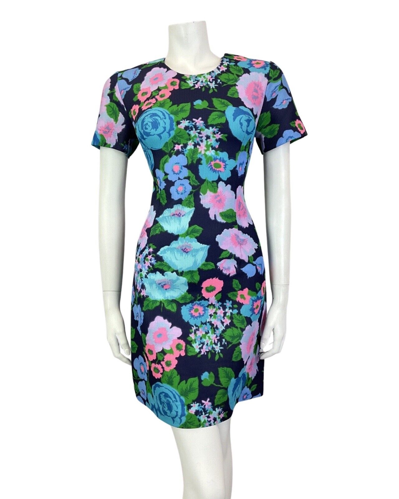 VINTAGE 60s 70s BLUE PURPLE GREEN FLORAL ROSE MOD SHORT DRESS 10 12