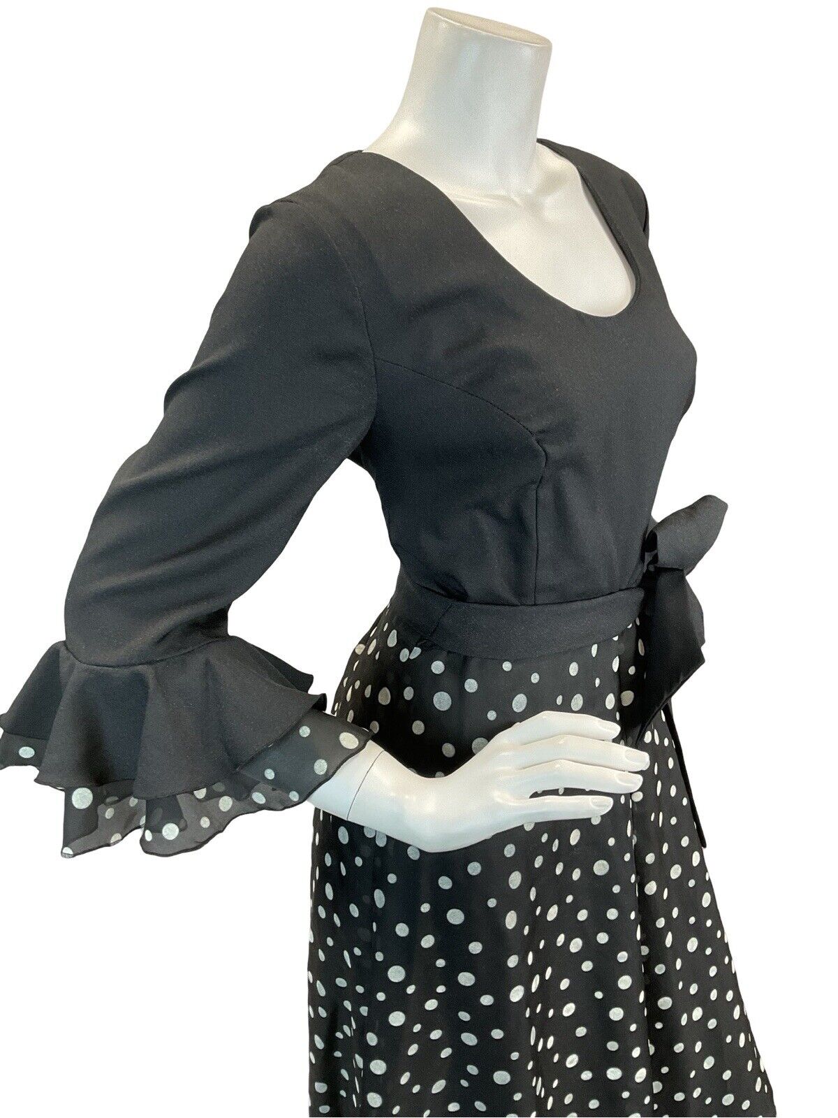 VTG 70S POLKA DOT FLAMENCO RUFFLE MAXI DRESS BLACK WHITE 10 12