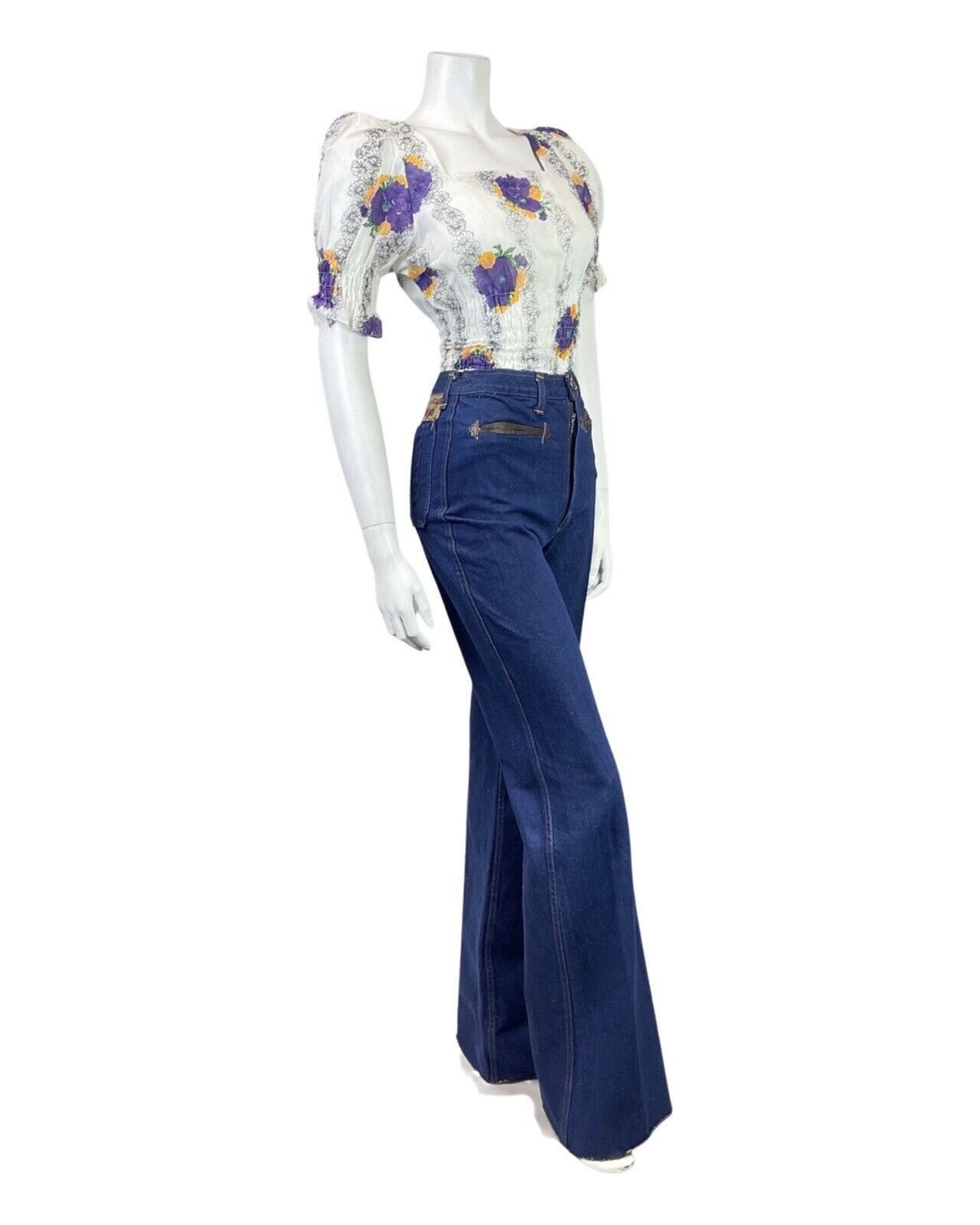 VINTAGE 60s 70s WHITE PURPLE YELLOW FLORAL SHIRRED BOHO PRAIRIE CROPPED TOP 6
