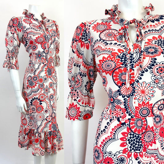 VINTAGE 60s 70s WHITE RED BLUE FLORAL MANDALA PSYCHEDELIC MOD RUFFLE DRESS 12 14