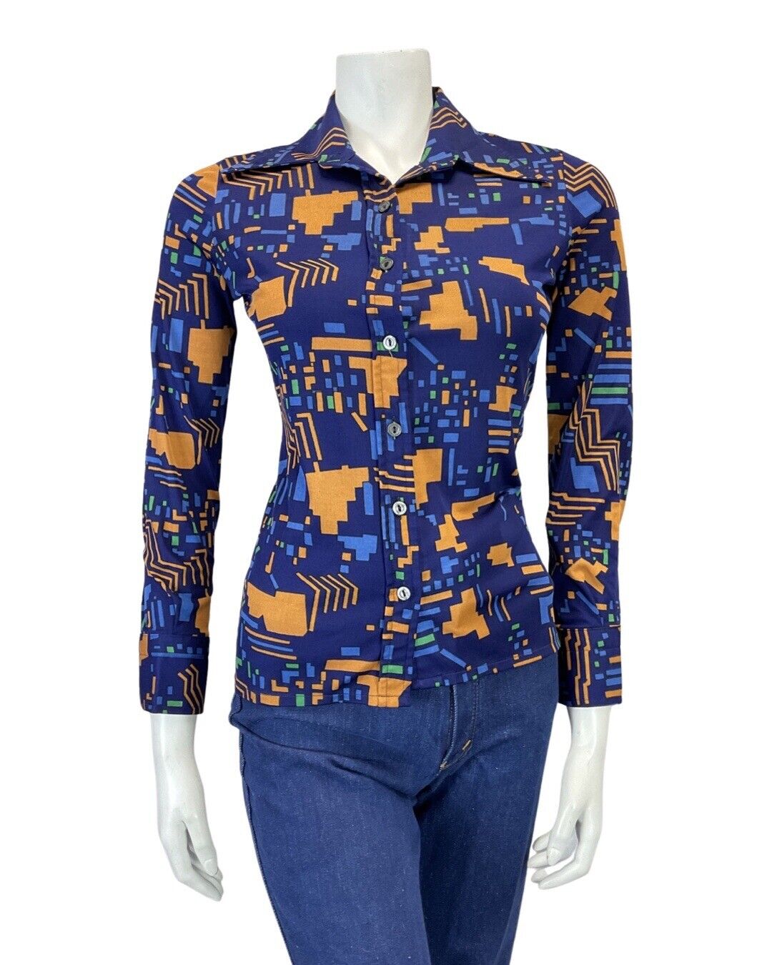 VINTAGE 60s 70s NAVY BLUE YELLOW GEOMETRIC MOD DAGGER COLLAR SHIRT 8