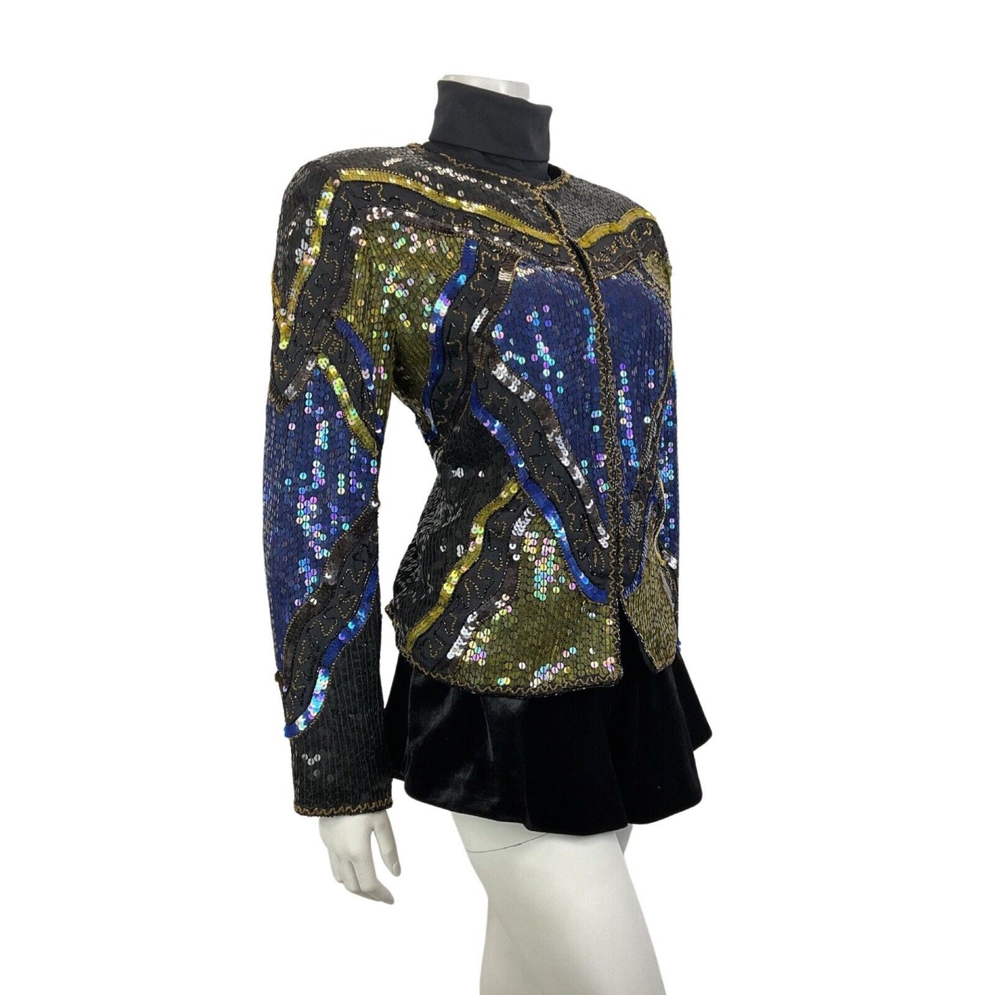 VINTAGE 70s 80s BLACK BLUE GOLD GEOMETRIC WAVY DISCO GLAM TROPHY JACKET 14 16