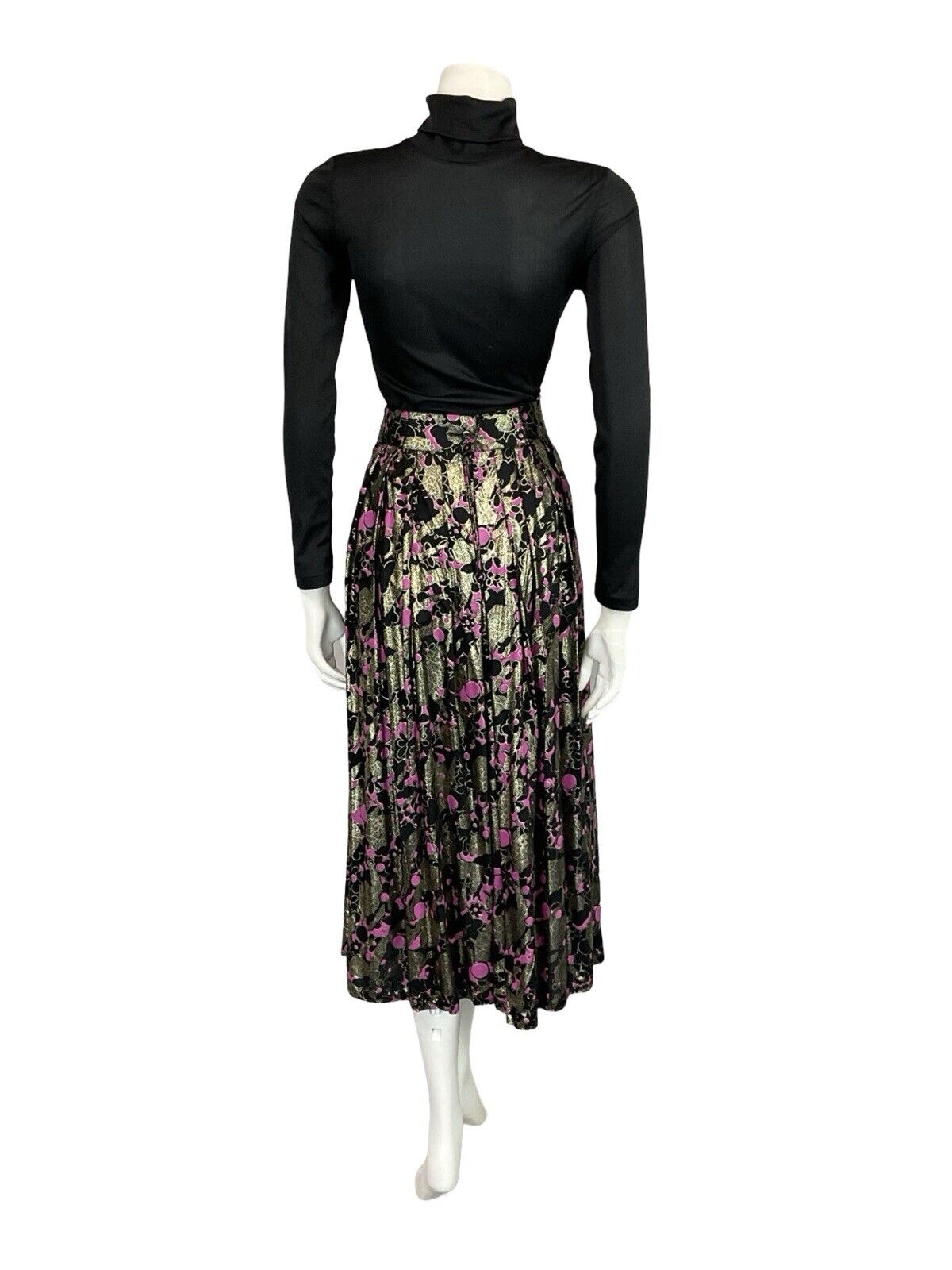 VTG 70S BLACK PINK GOLD METALLIC FLORAL PLEATED NEW WAVE MIDI PARTY SKIRT 14 16