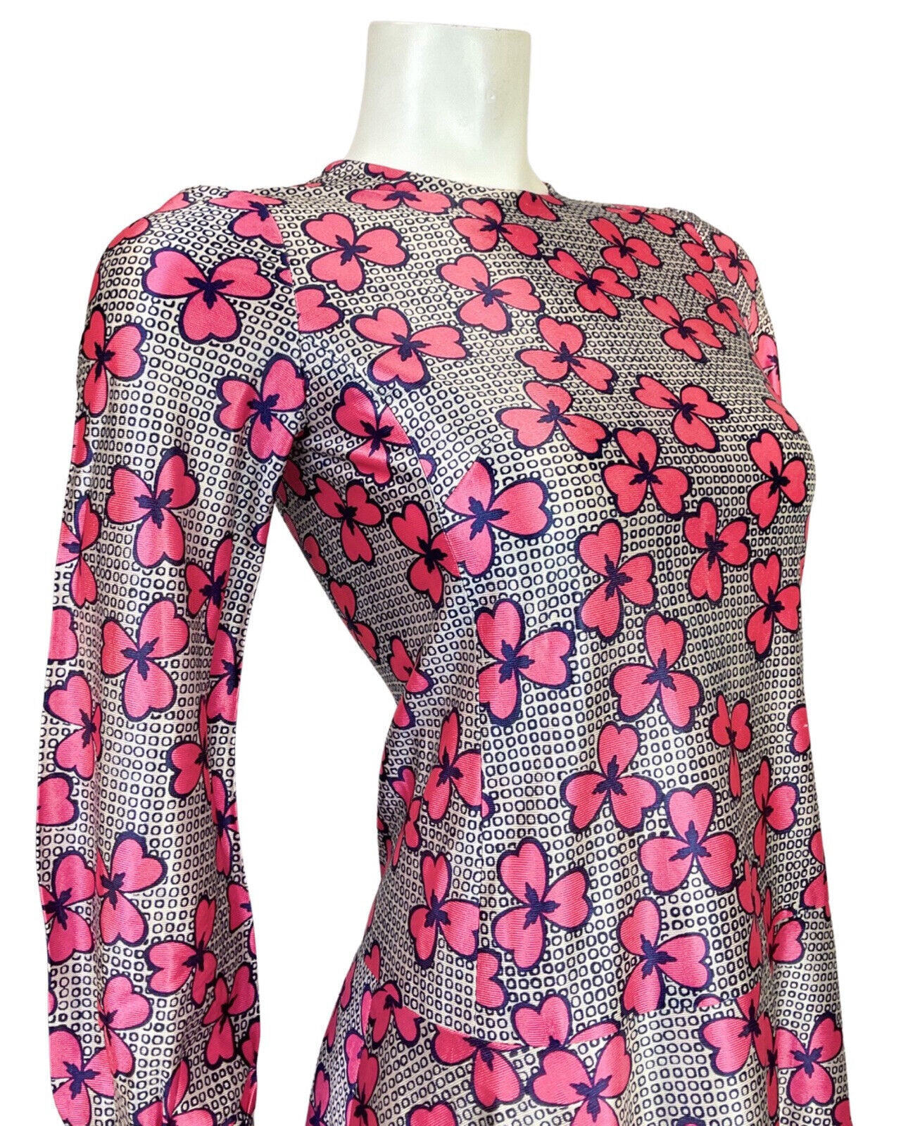 VINTAGE 60s STYLE 90s WHITE BLUE PINK GEOMETRIC FLORAL MOD DROP-WAIST DRESS 4