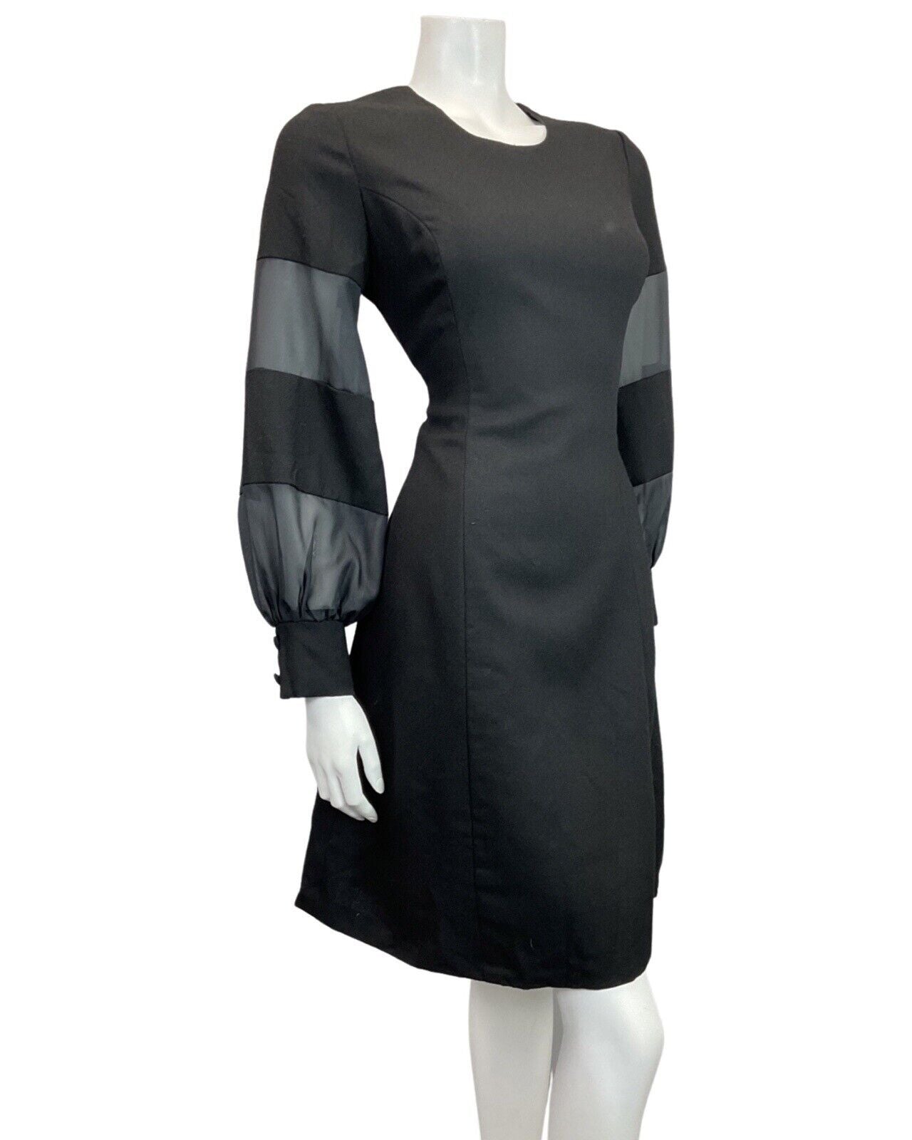 VINTAGE 60s 70s JET BLACK SHEER PUFF SLEEVE MOD DRESS 12