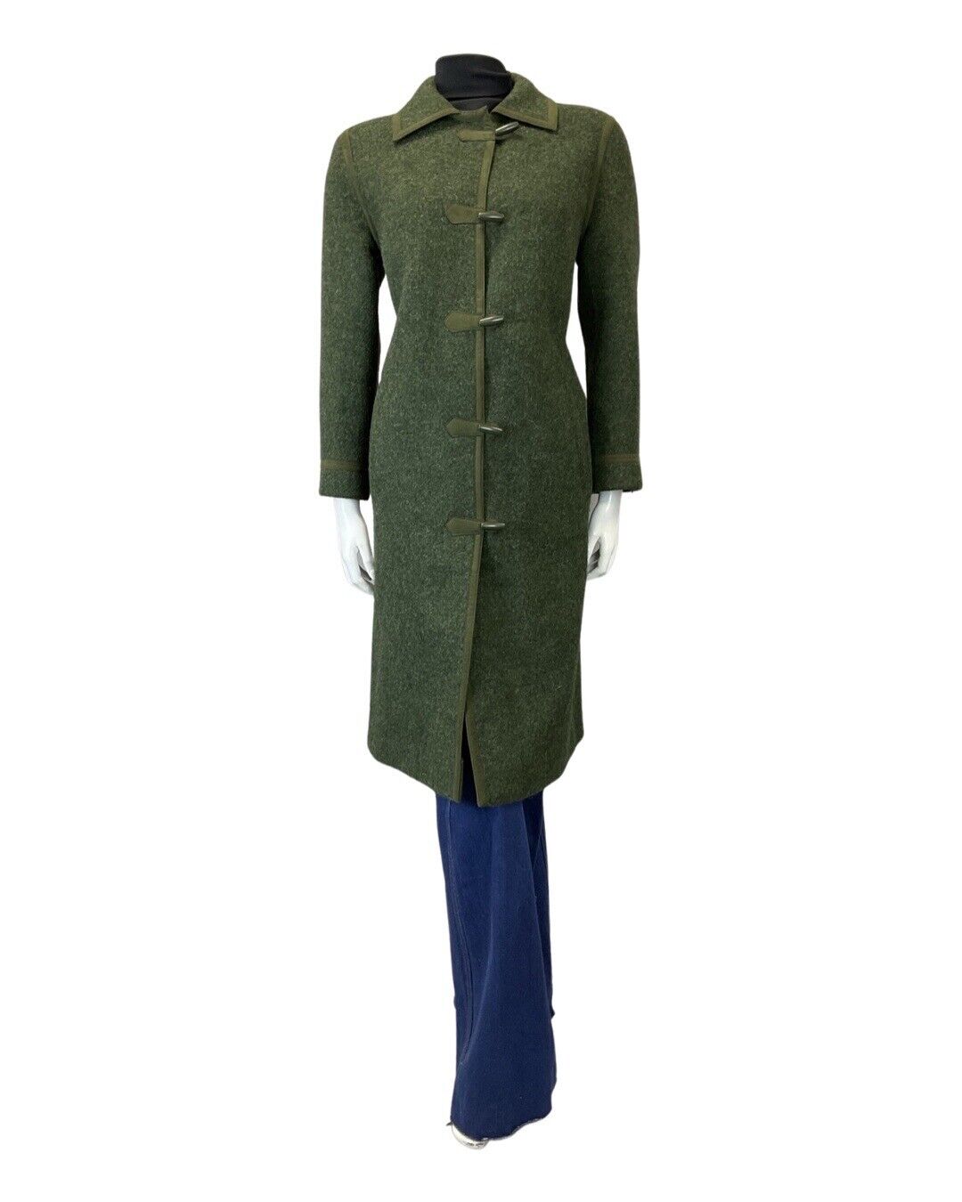 VINTAGE 60s 70s FOREST GREEN TOGGLE STRAIGHT-CUT LONG WOOL COAT 14