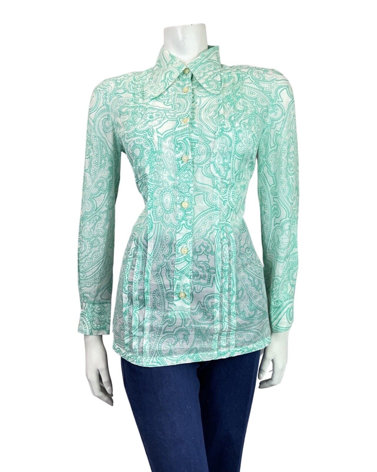 VINTAGE 60s 70s MINT GREEN WHITE PSYCHEDELIC PAISLEY FLORAL DAGGER SHIRT 10