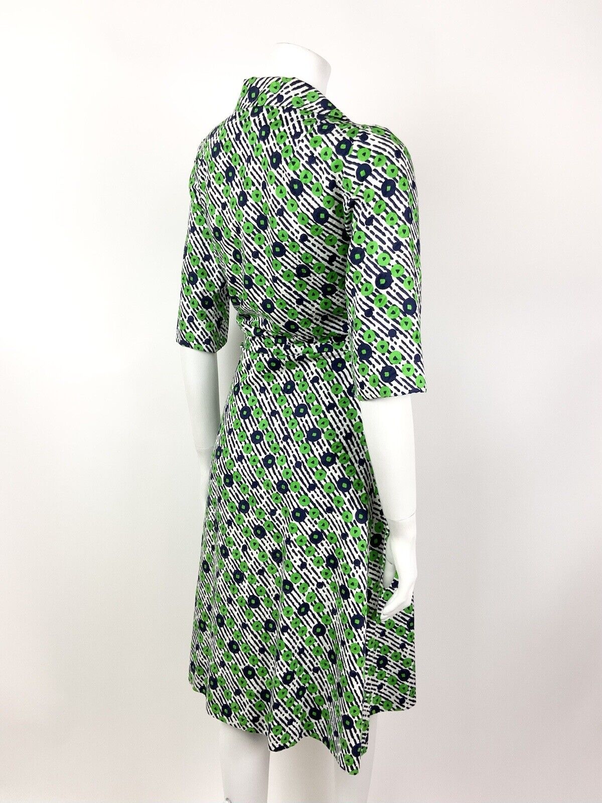 VINTAGE 60s 70s NAVY BLUE GREEN STRIPED FLORAL PLUNGING MOD SHIRT DRESS 12