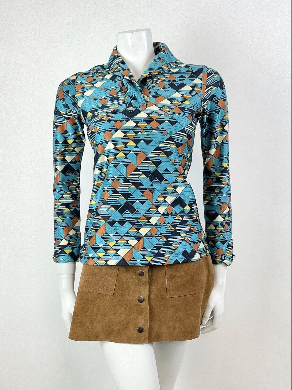 VTG 60s 70s METALLIC BLUE BRONZE CREAM GEOMETRIC CHECKED DAGGER BLOUSE 8 10