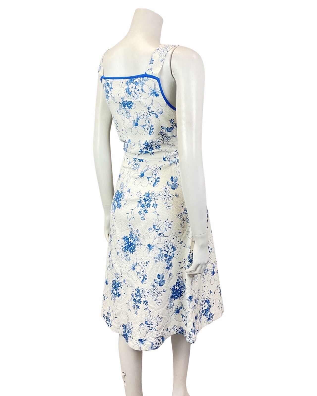 VINTAGE 60s 70s WHITE BLUE FLORAL PRAIRIE BOHO SUMMER APRON SUN DRESS 8