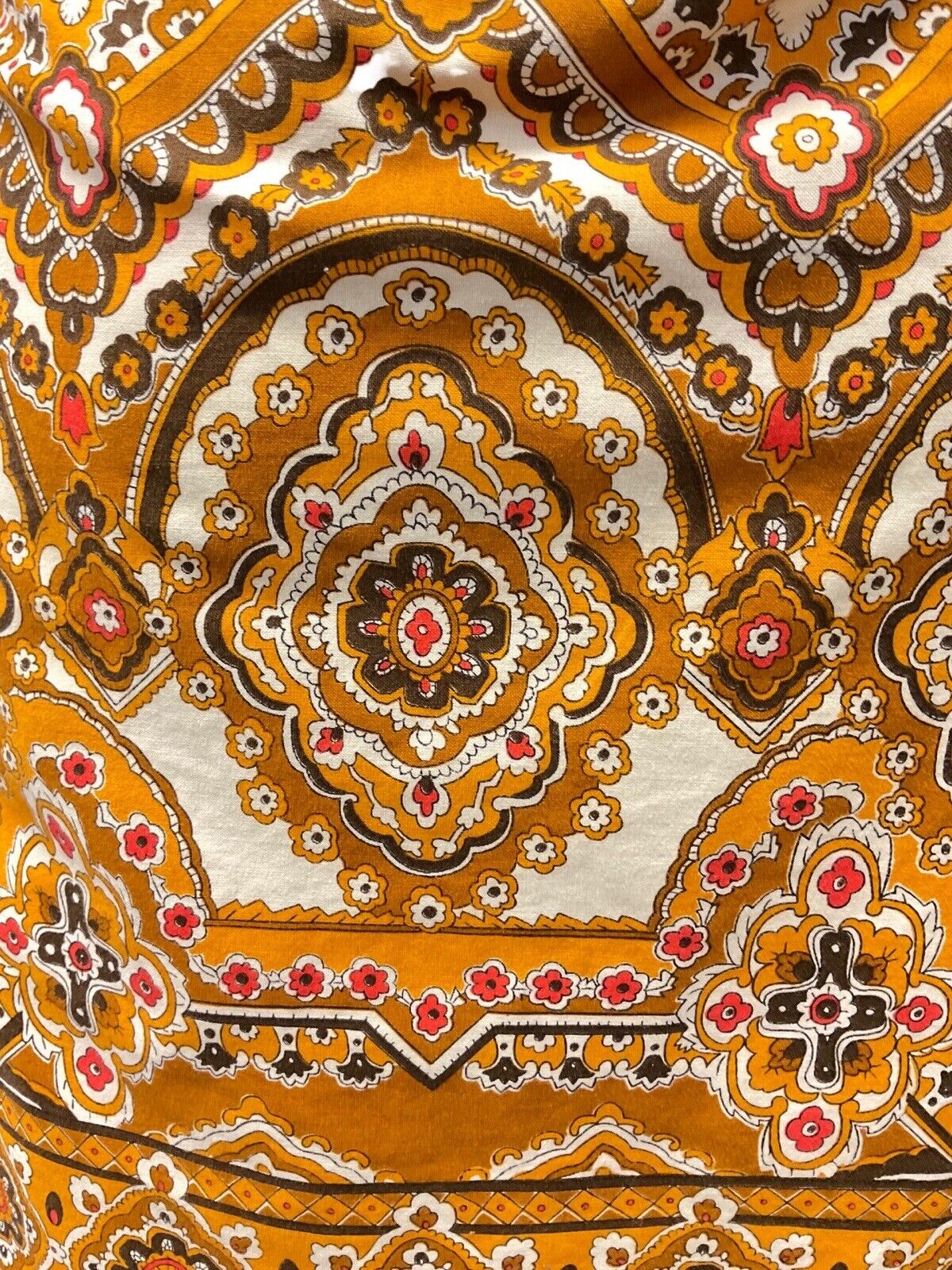 VINTAGE 60s 70s BROWN YELLOW WHITE FLORAL MANDALA BOHO MOD SHIRT DRESS 10