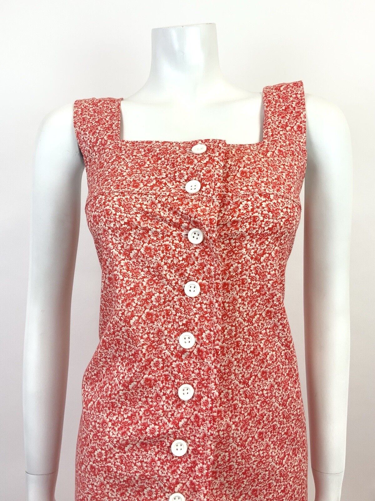 VTG 60s 70s RED WHITE FLORAL DITSY MOD BOHO PINAFORE SLEEVELESS SHIFT DRESS 8