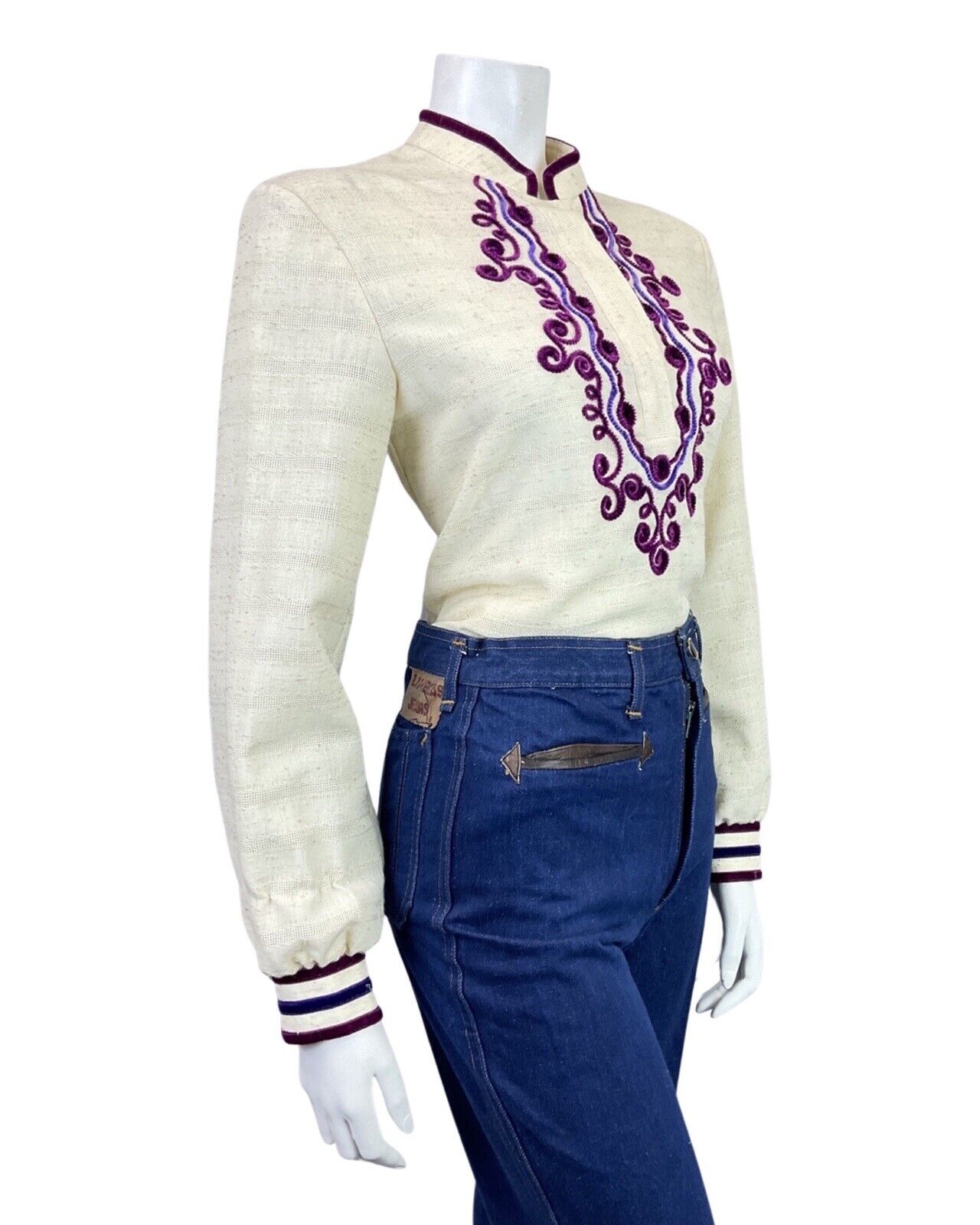 VINTAGE 70s CREAM PURPLE WINE VELVET SWIRL LUCIE LINDEN BOHO BLOUSE 12 14