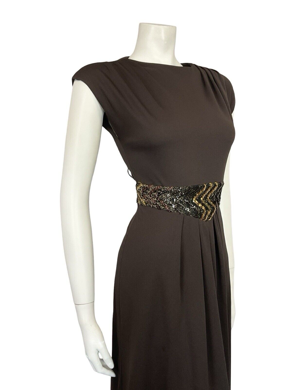 VTG 60S 70S BROWN GOLD SEQUIN BAND PLEATED TUNIC MOD PARTY MIDI DRESS 8