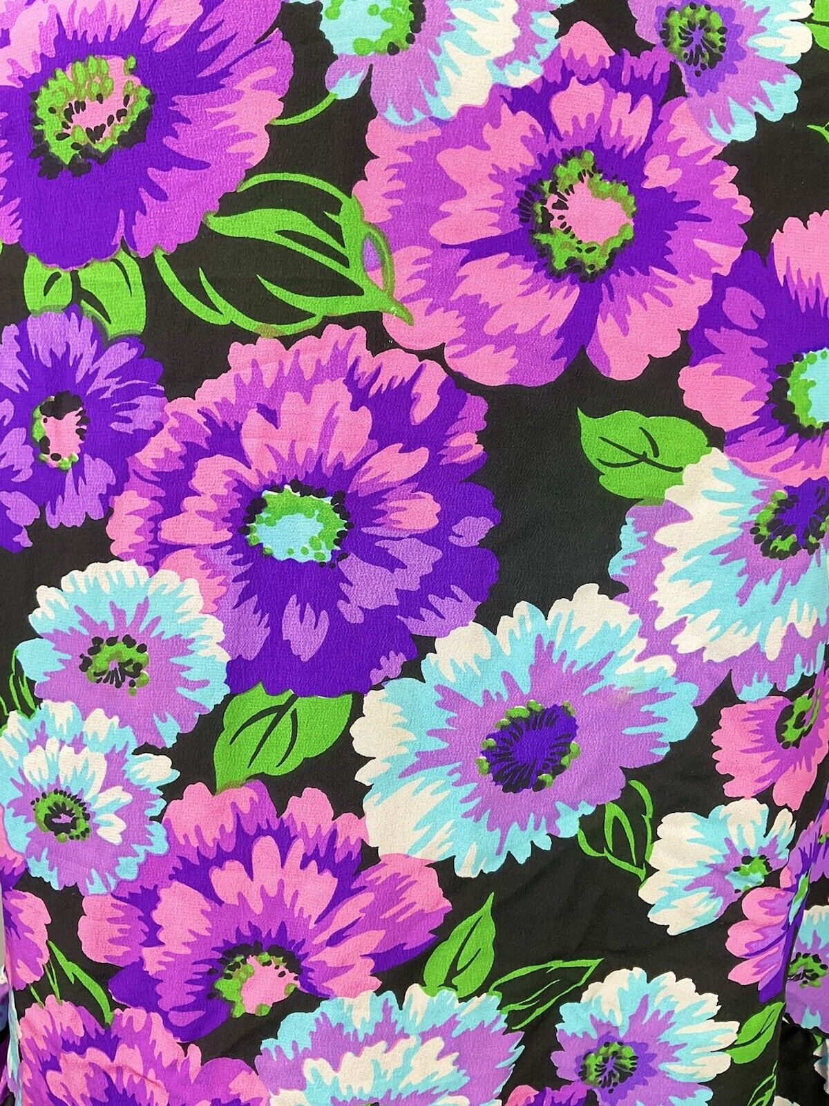 VINTAGE 60s 70s PURPLE BLUE BLACK PINK FLORAL RUFFLE SWING DRESS 14 16