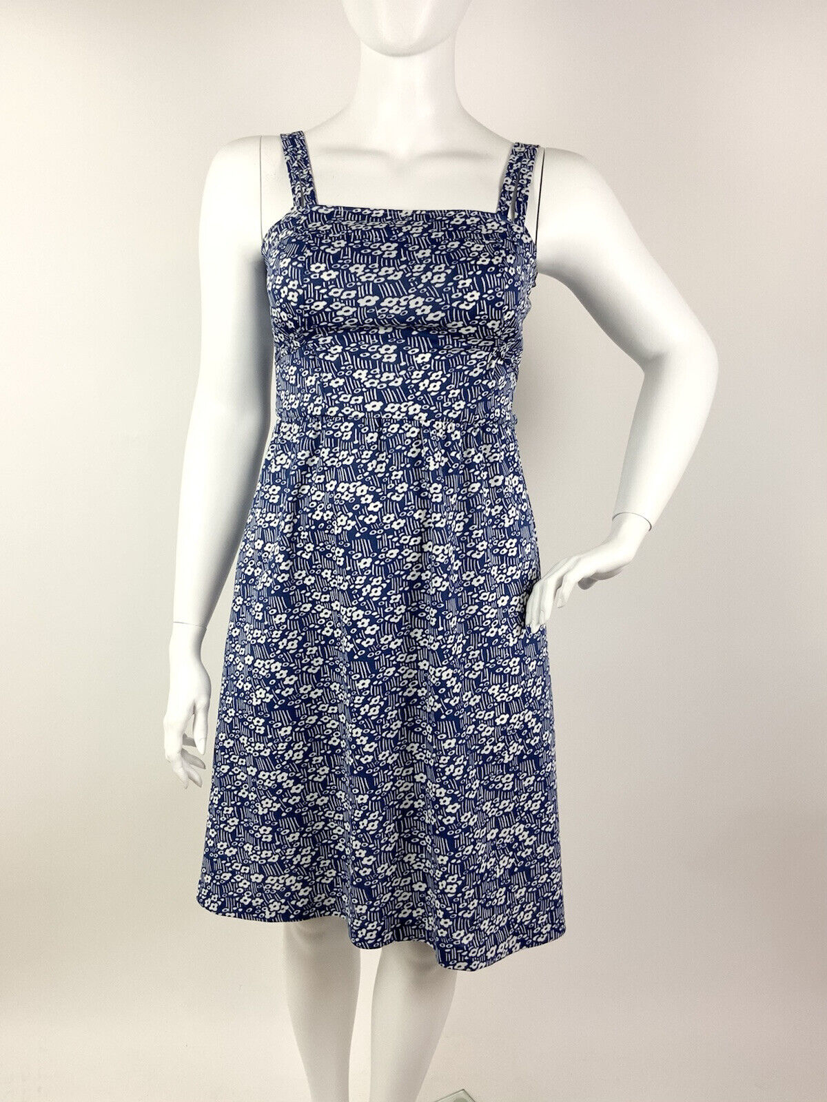 VINTAGE 60s 70s BLUE WHITE FLORAL DITSY DAISY STRIPED STRAPPY MOD SUN DRESS 14