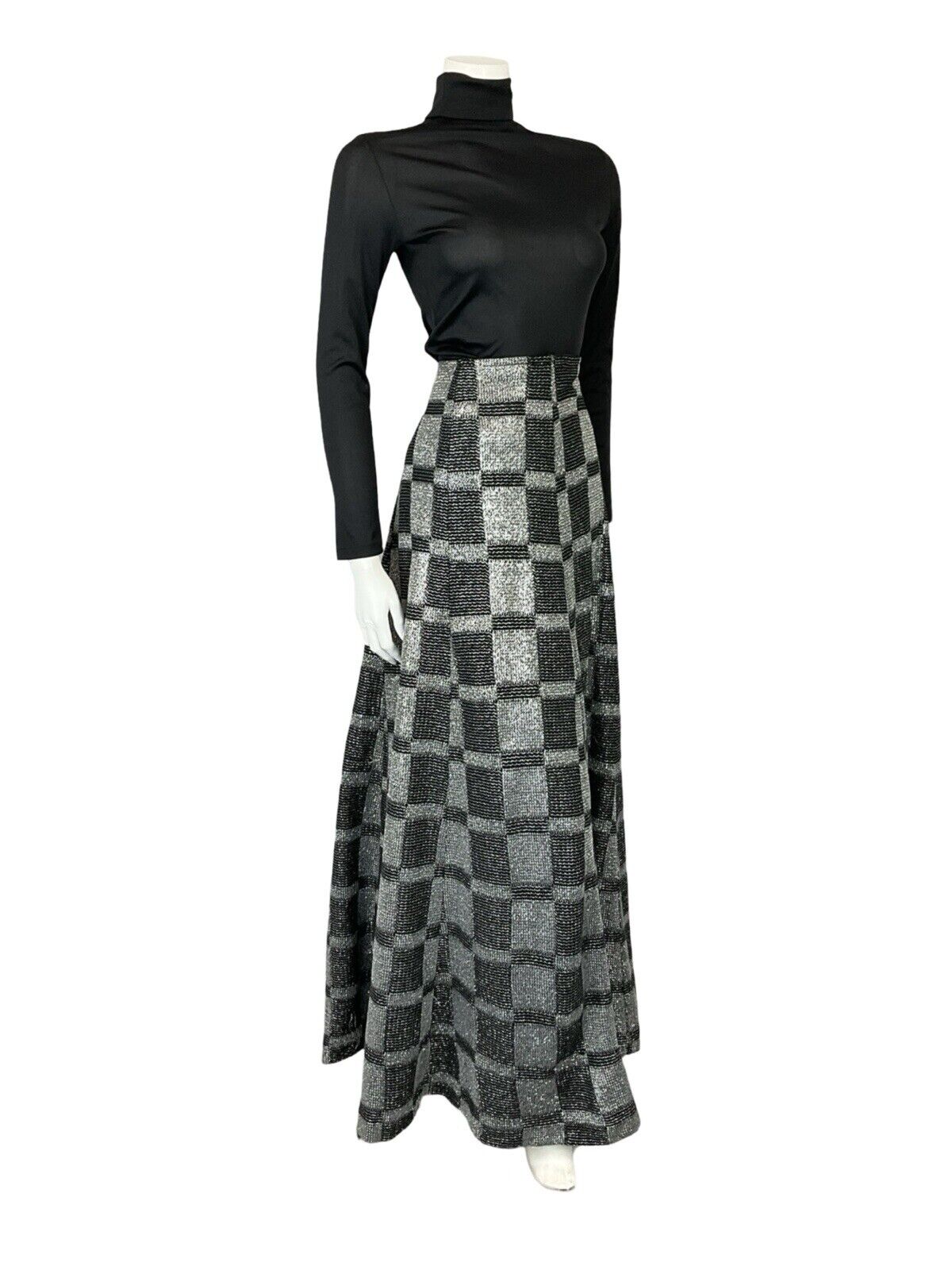 VTG 70S BLACK SILVER LUREX CHECKERBOARD DISCO PARTY MAXI A LINE SKIRT S 8 10
