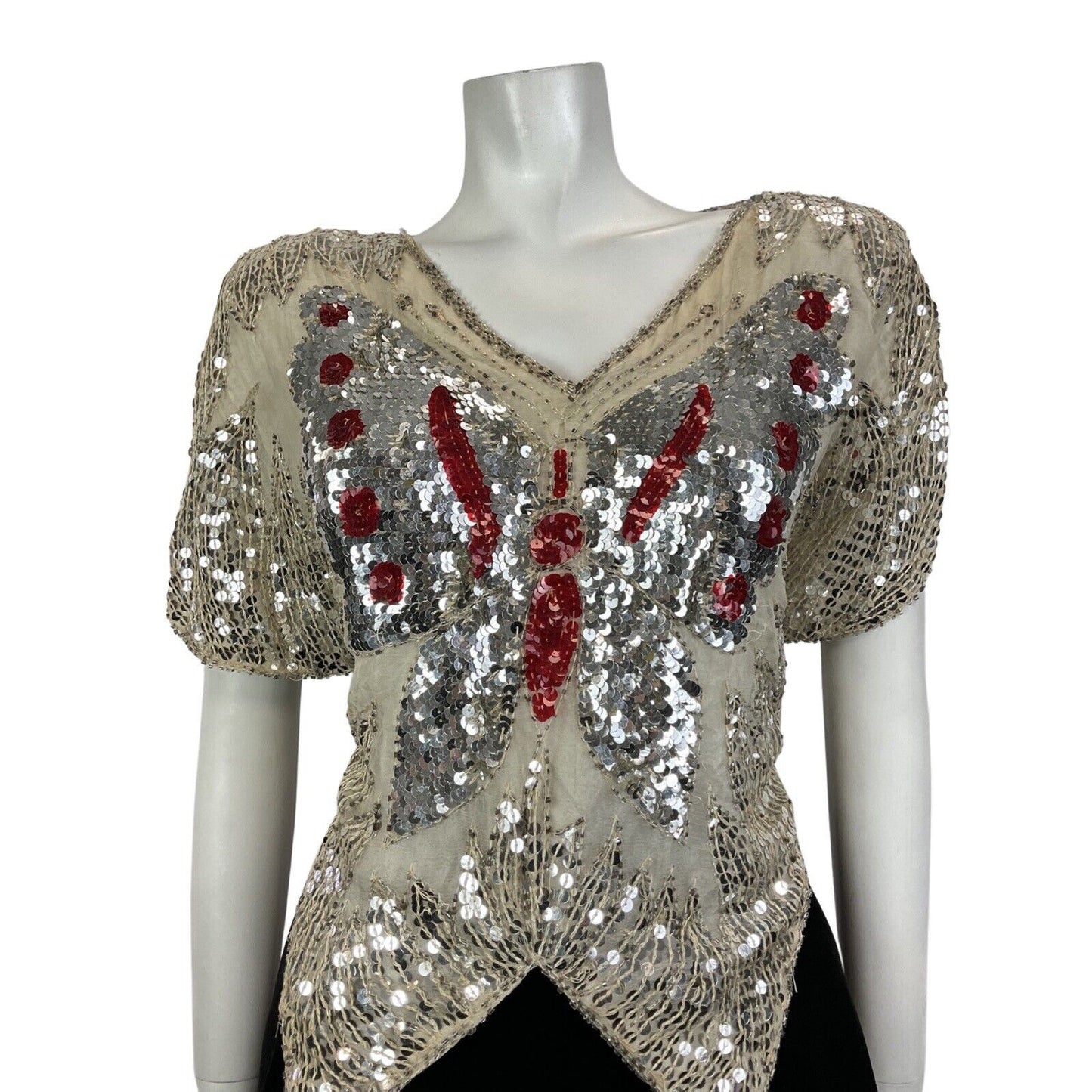 VINTAGE 70s WHITE RED SILVER SEQUIN BEADED BUTTERFLY DISCO GLAM PARTY TOP 12 14