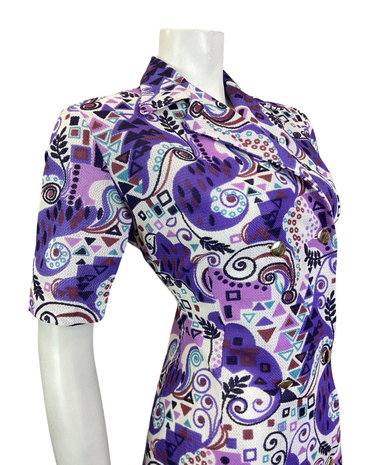 VINTAGE 60s 70s PURPLE TEAL BLUE PSYCHEDELIC SWIRL GEOMETRIC MOD SHIRT DRESS 14