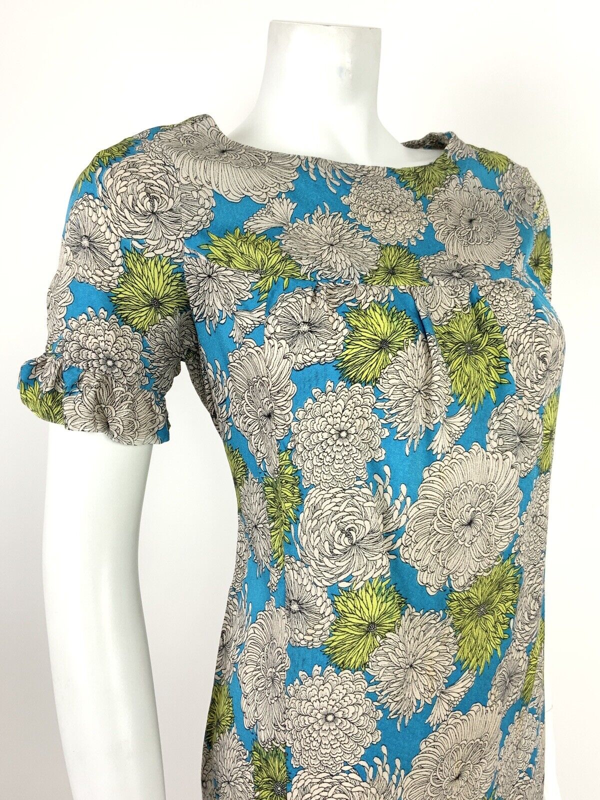 VTG 60s 70s BLUE LIME GREEN CHRYSANTHEMUM FLORAL PSYCHEDELIC SHIFT DRESS 10 12