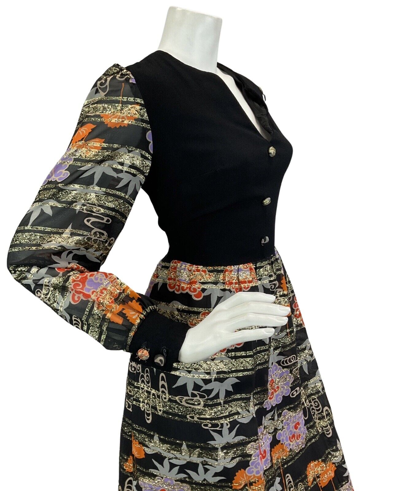 VTG 60s 70s BLACK GOLD ORANGE RED FLORAL METALLIC DISCO PARTY MAXI DRESS 8 10