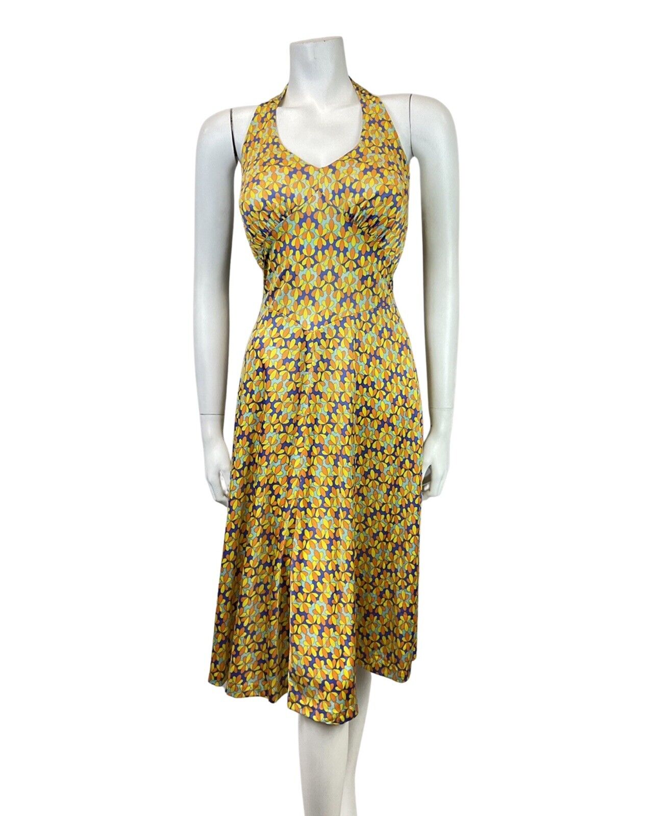 VINTAGE 60s YELLOW BLUE FLORAL DOTTY PSYCHEDELIC MOD HALTER SWING DRESS 10