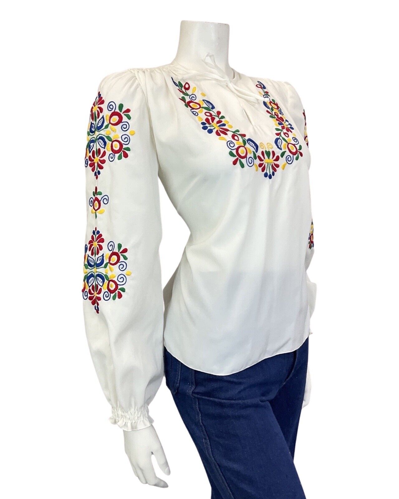 VINTAGE 60s 70s WHITE RED GREEN YELLOW FLORAL EMBROIDERED BOHO FOLK BLOUSE 12