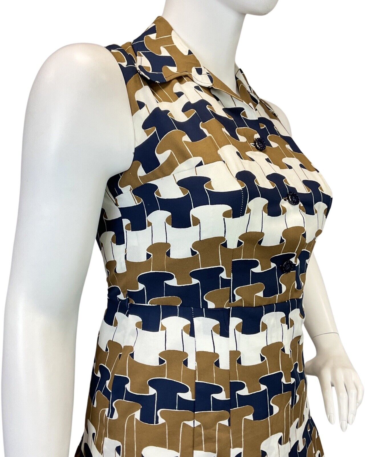 VINTAGE 60s 70s BROWN WHITE BLUE GEOMETRIC RUFFLE MOD DAGGER SHIRT DRESS 16