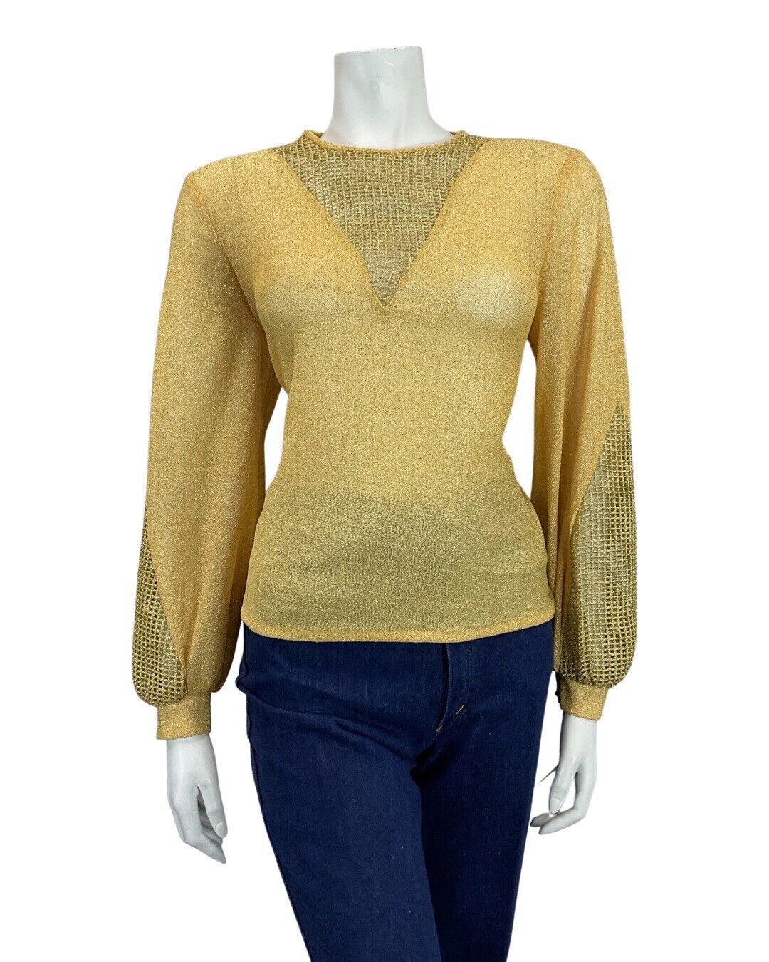 VINTAGE 60s 70s YELLOW GOLD MESH KNITTED LUREX JUMPER TOP 14