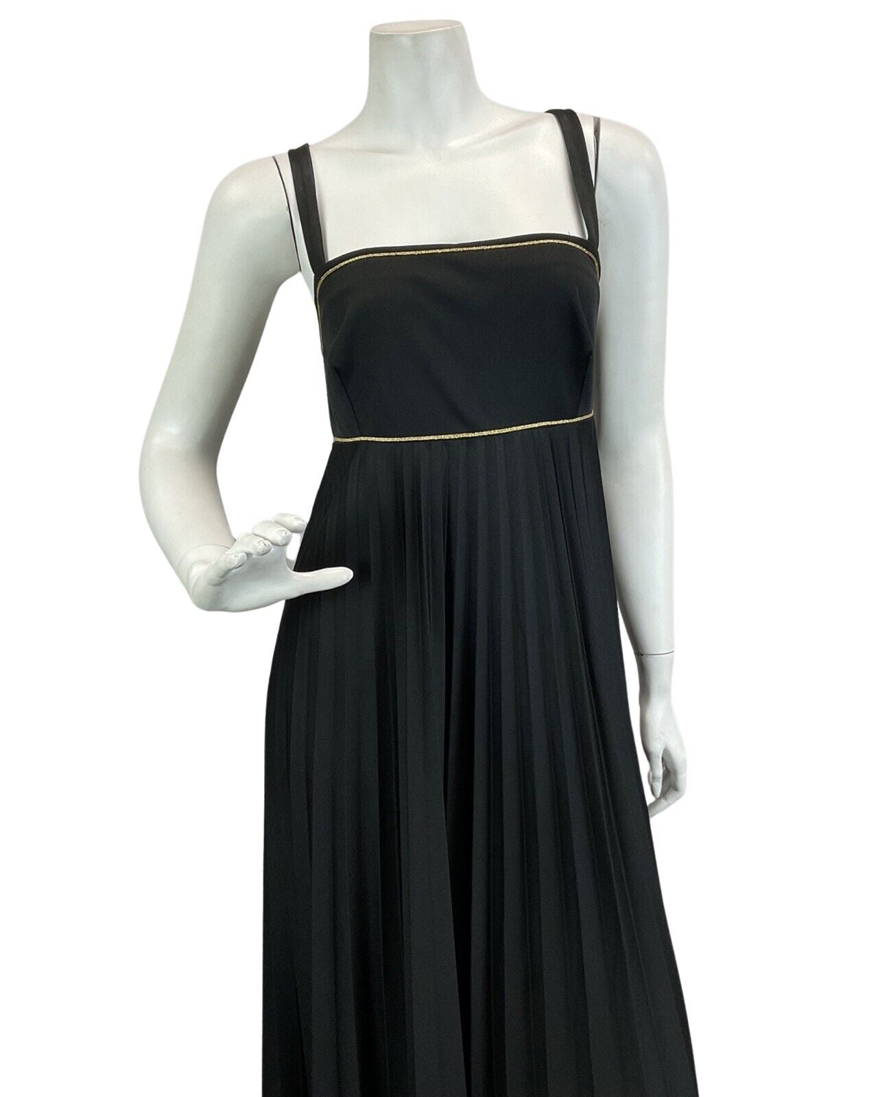 VINTAGE 60s 70s BLACK GOLD CROSS BACK PLEATED DISCO BOHO FOLK MAXI DRESS 10 12