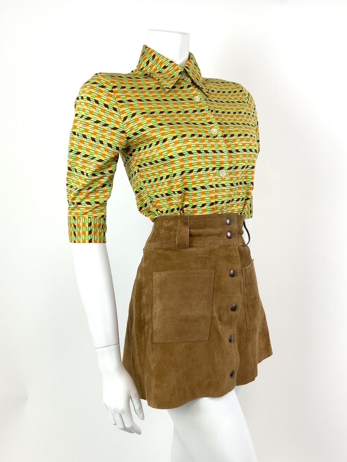 VTG 60s 70s GREEN ORANGE PURPLE GEOMETRIC STRIPED ZIG-ZAG DAGGER SHIRT 8 10
