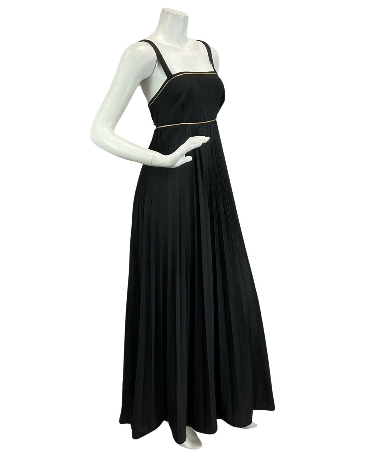 VINTAGE 60s 70s BLACK GOLD CROSS BACK PLEATED DISCO BOHO FOLK MAXI DRESS 10 12