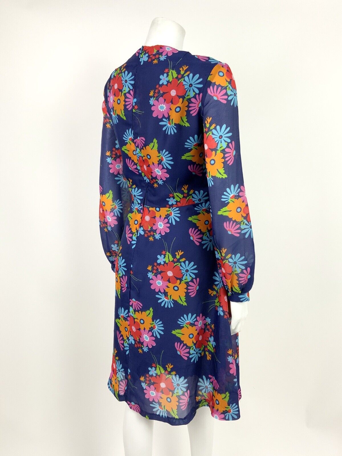 VINTAGE 60s 70s BLUE RED ORANGE PINK GREEN FLORAL HIPPY SHEER FLOATY DRESS 14 16