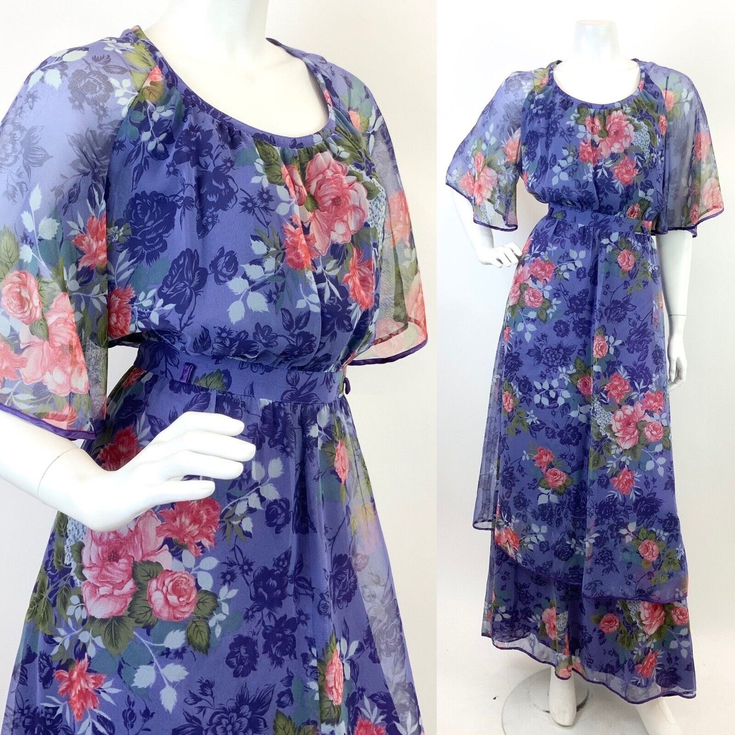 VTG 60s 70s PURPLE PINK GREEN FLORAL ROSE BOHO CAPE SLEEVE SHEER MAXI DRESS 12