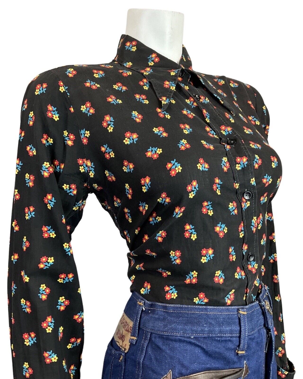 VINTAGE 60s 70s BLACK RED YELLOW FLORAL DAISY DITSY MOD DAGGER SHIRT 10 12