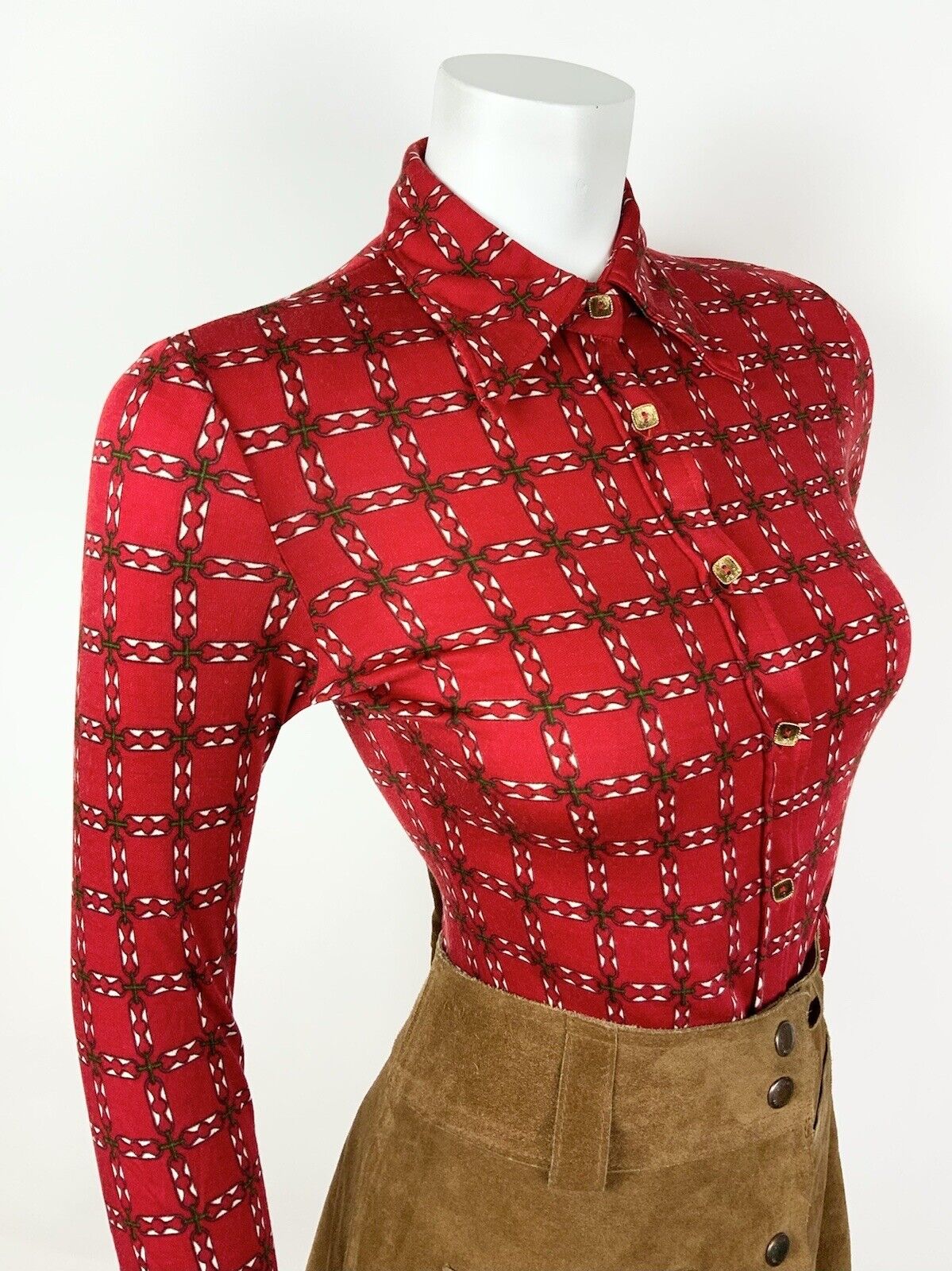 VINTAGE 60s 70s RED GREEN WHITE CHECKED GRID GEOMETRIC MOD DAGGER SHIRT 6 8