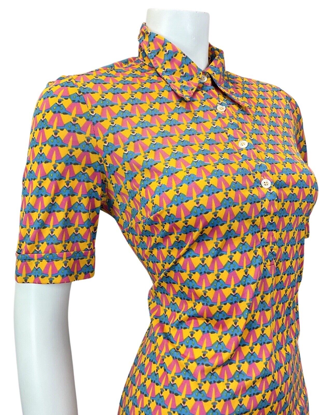 VINTAGE 60s 70s YELLOW BLUE PINK SAILOR FIGURINE PSYCHEDELIC MOD SHIRT DRESS 10