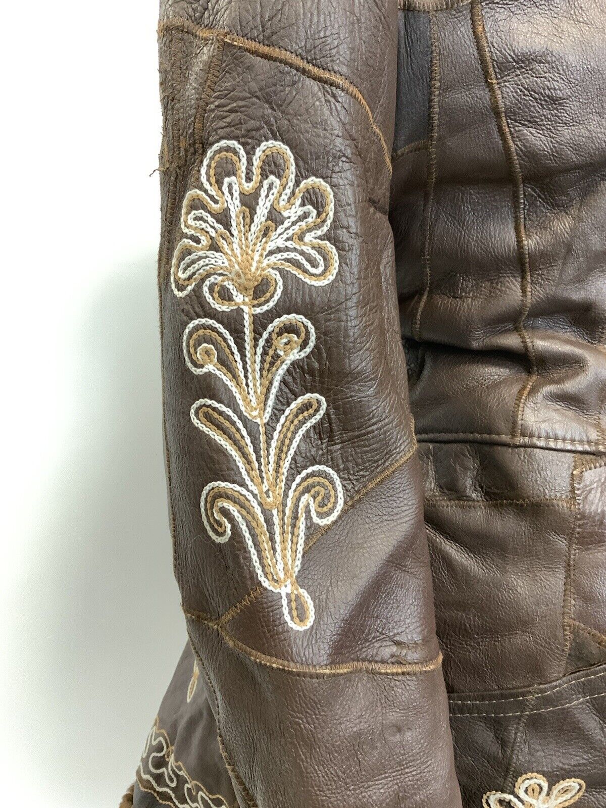VTG 60s 70s BROWN WHITE EMBROIDERED FLORAL PATCHWORK HOODED LEATHER COAT 16 18