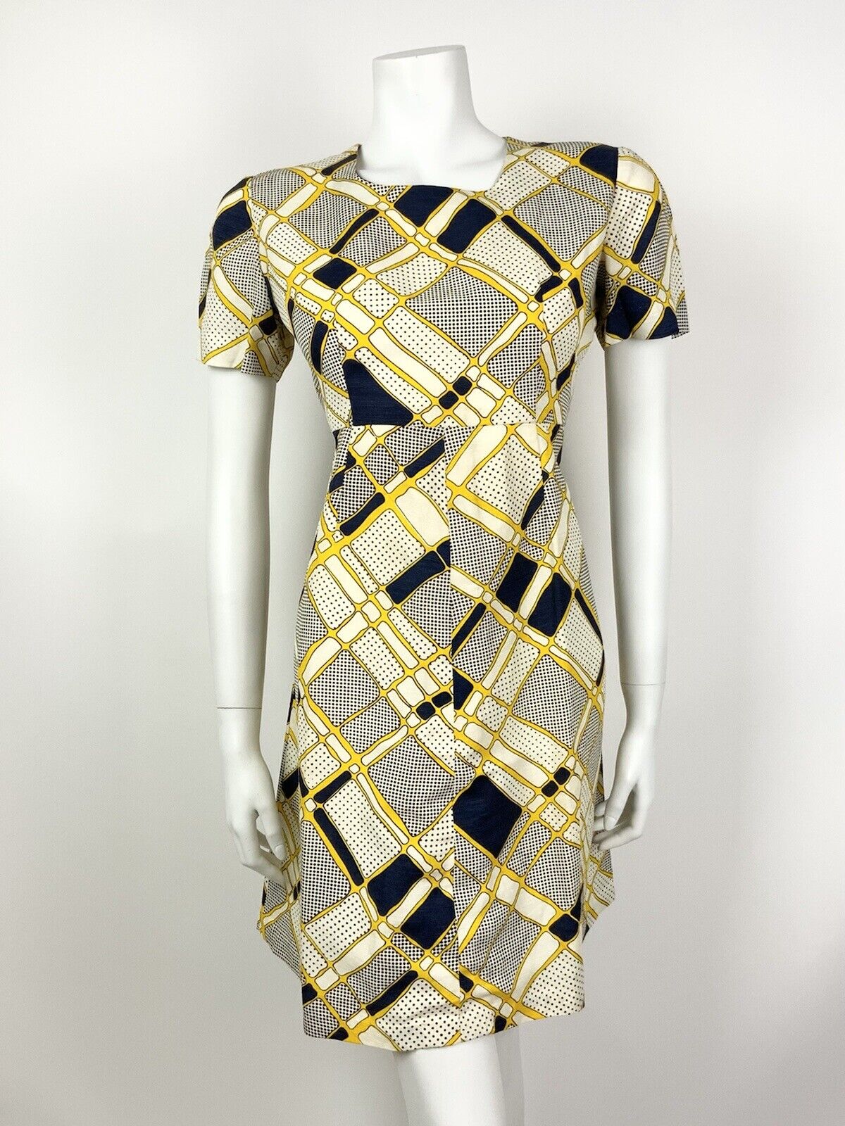 VINTAGE 60s 70s WHITE NAVY BLUE YELLOW GEOMETRIC POLKA-DOT MOD DRESS 10 12