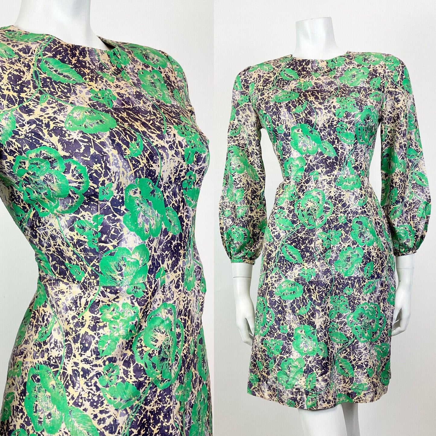 VINTAGE 60s STYLE 90s GREEN PURPLE CREAM PSYCHEDELIC FLORAL ROSE MOD DRESS 8 10